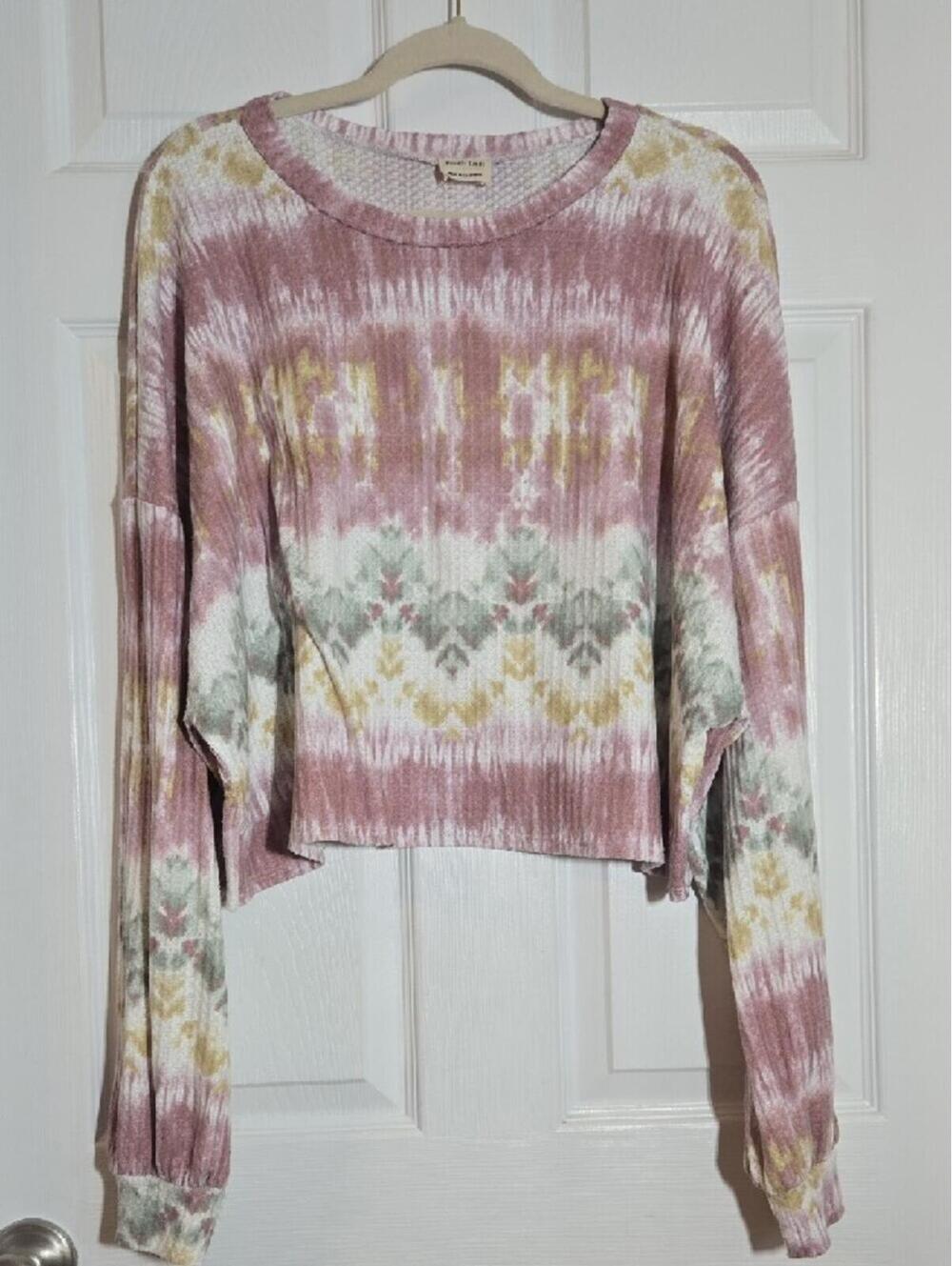 Peach Love California Pink Multicolor Tie-Dye Waffle Knit Top Size Medium - Picture 3 of 6